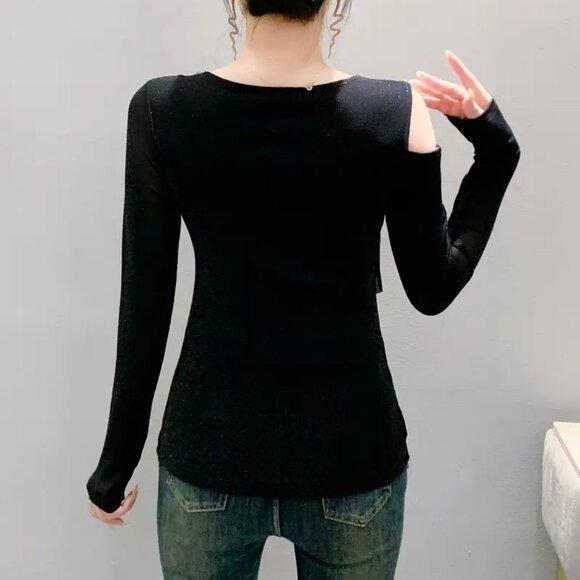 Rhinestones Glitter Sheer Long Sleeves Ruffle Trim Cut Out Top M - Picture 6 of 7